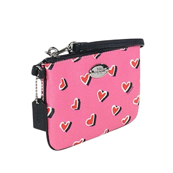 Coach Pink and Red Heart Pattern Wristlet Black Strap NWT - Picture 4 of 7
